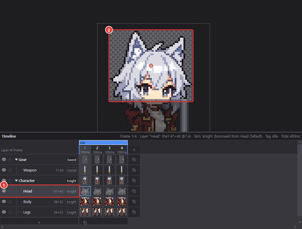 Head part selected: only Head is shown brightly at its own size on the canvas, with the rest of the body dimmed below, and the Head row selected in the timeline