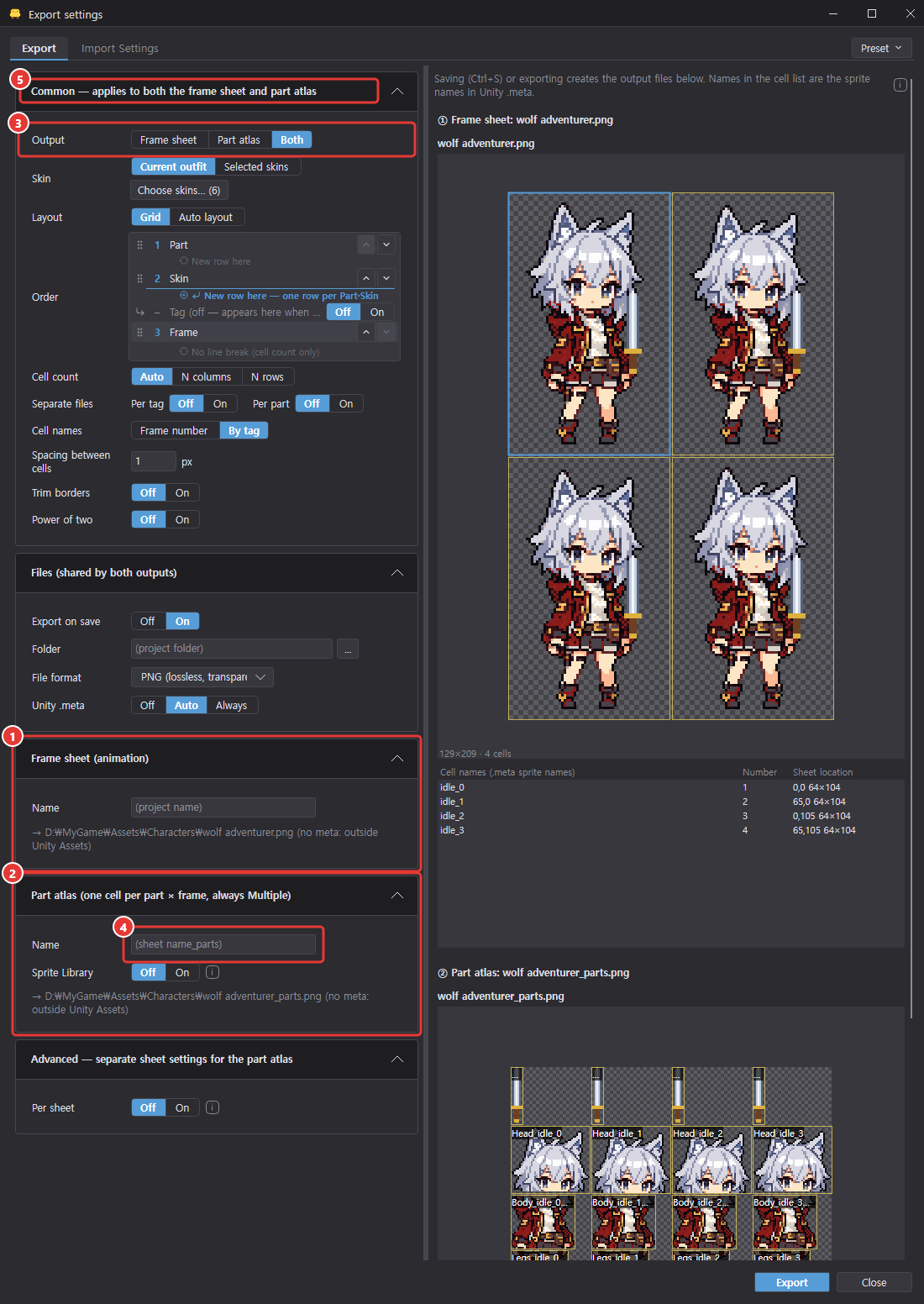 Export dialog: on the left the Common settings (Output = Both), Files, Frame sheet and Part atlas sections in order; on the right previews of the frame sheet and the part atlas