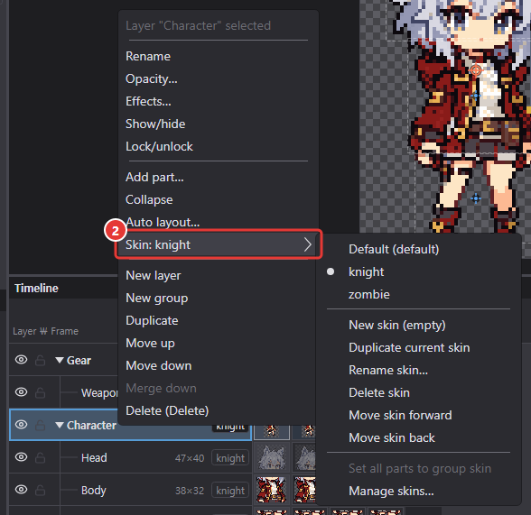 Right-click menu of the Character group with the Skin: knight submenu open: the skin list and new, duplicate, rename, delete and reorder items
