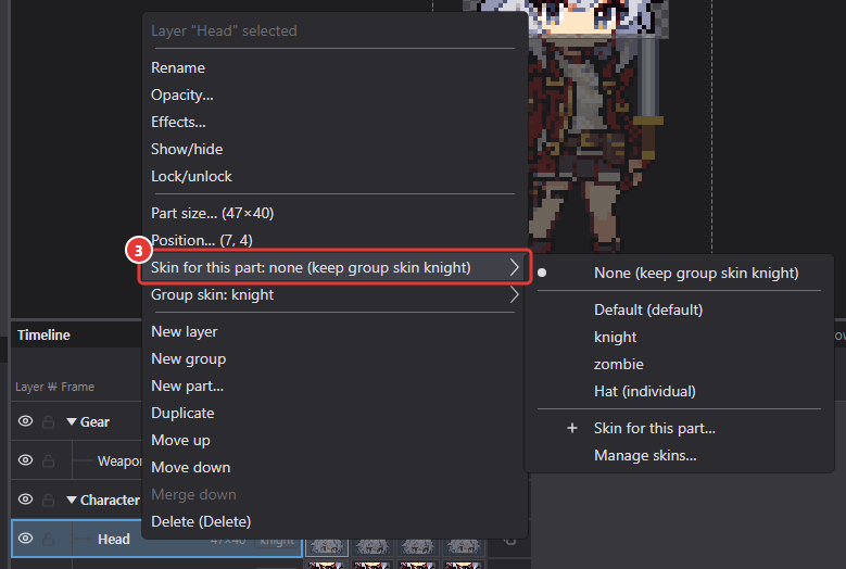 Right-click menu of the Head part with the Skin for this part submenu open