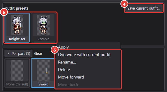 Outfit presets in the skin manager: Knight set and Zombie cards and the Save current outfit… button, with the Zombie card's right-click menu (Apply, Overwrite with current outfit, Rename…, Delete, Move forward, Move back)