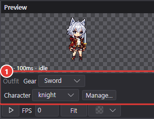 Outfit row below the preview panel: Gear skin box Sword, Character skin box knight, and the Manage… button