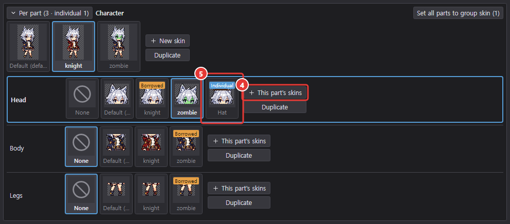 Character group in the skin manager with Per part expanded into Head, Body and Legs rows; at the end of the Head row a Hat card marked Individual and the This part's skins button