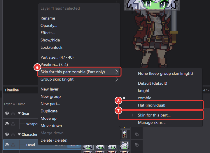 Right-click menu of the Head part with the Skin for this part submenu open: follow the group, Default, knight, zombie, Hat (individual), Skin for this part…, Manage skins…
