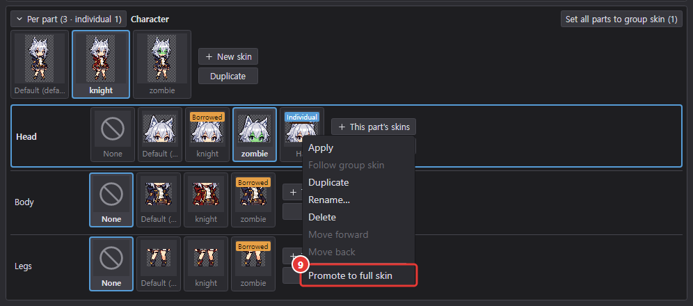 Right-click menu of the Hat card on the Head row in the skin manager: Promote to full skin at the bottom