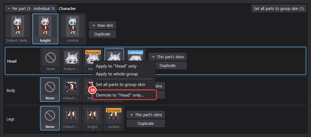 Right-click menu of the knight card on the Head row in the skin manager: Demote to Head only… at the bottom