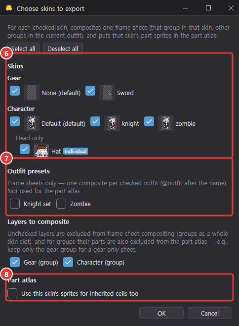Choose skins dialog: skin checkboxes per group (including the Head-only Hat), outfit preset checkboxes, layers to composite, and at the bottom the part atlas checkbox Use this skin's sprites for inherited cells too