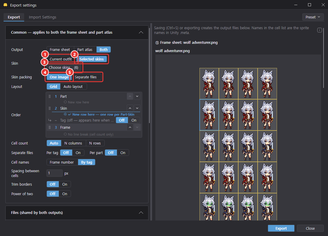 Export dialog: the Skin row in the common settings (Current outfit, Selected skins, Choose skins… (6)) and the Skin packing row (One image, Separate files), with a frame sheet preview on the right that has one row per skin