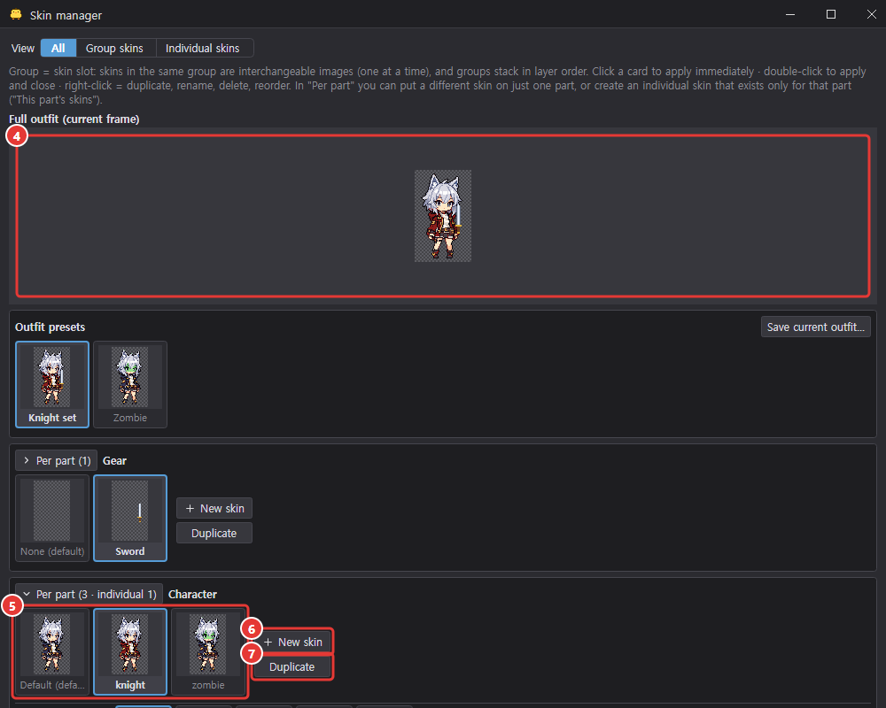 Top of the skin manager: full outfit preview, outfit presets, Gear group cards, and the Character group's Default, knight and zombie cards with the New skin and Duplicate buttons