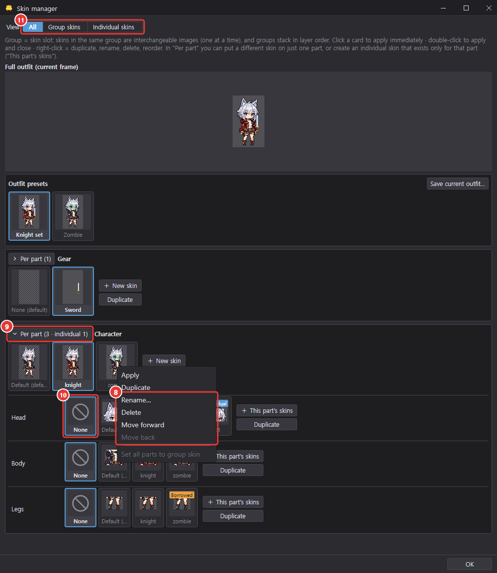 Whole skin manager: right-click menu of the zombie card (Apply, Duplicate, Rename…, Delete, Move forward, Move back), the None card in the expanded per-part rows, and the view filter toggle at the top