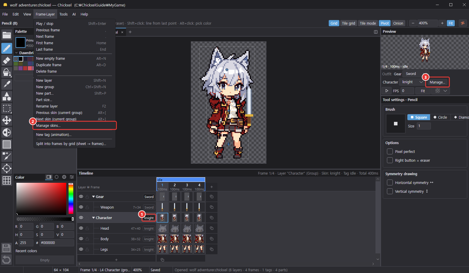 Main window with the Frame·Layer menu open: Manage skins…, the skin chip of the Character group in the timeline, and the Manage… button in the outfit row below the preview