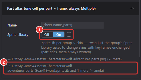 Part atlas section of the export dialog: Sprite Library turned on, its description, and below it the result paths of the part atlas PNG and the .spriteLib files