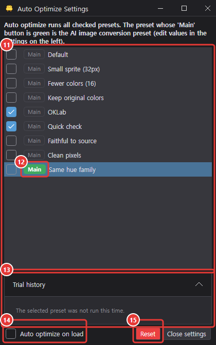 The Auto Optimize Settings window
