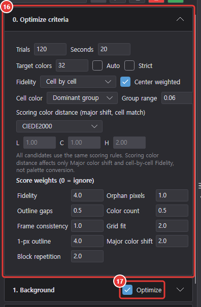 The settings column with 0. Optimize criteria expanded and the Optimize check in the 1. Background header
