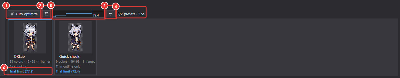 The bar after an auto-optimize run and the optimized candidates