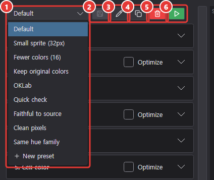 The preset bar with the preset list open