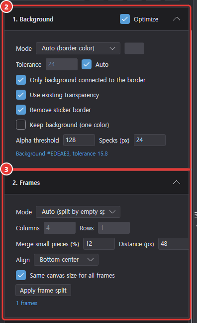 Settings column with 1. Background and 2. Frames expanded