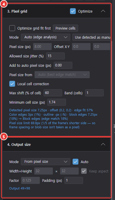 Settings column with 3. Pixel grid and 4. Output size expanded