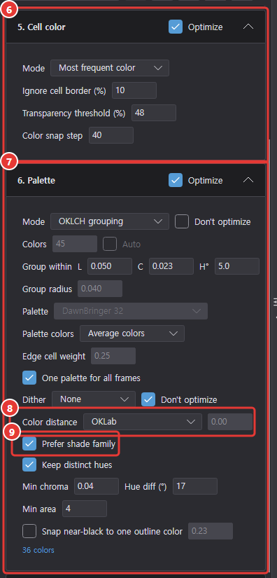 Settings column with 5. Cell color and 6. Palette expanded