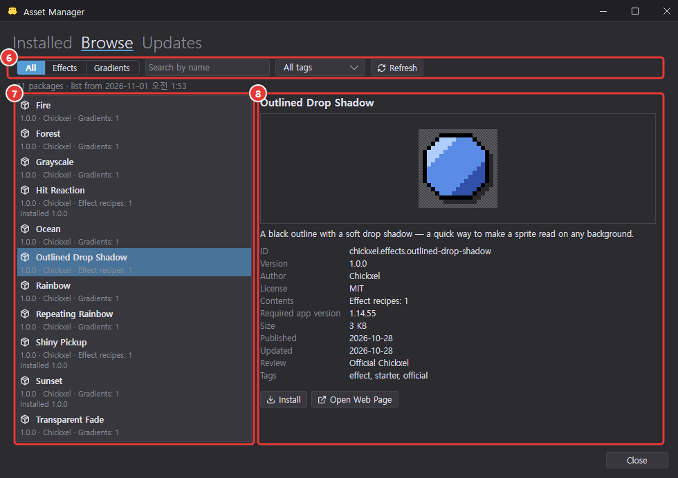 Browse tab: filters, search, tags and Refresh at the top; online package list on the left; preview, information and Install button of the selected package on the right