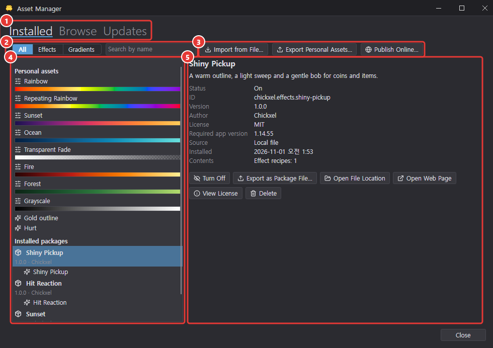 Installed tab of the Asset Manager: filters, search and the import, export and publish buttons at the top; personal assets and installed packages on the left; details and buttons of the selected package on the right