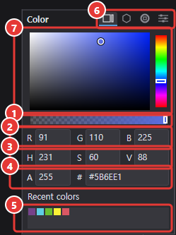 Color picker in Square mode: saturation/value box and hue bar, alpha bar, inputs, recent colors