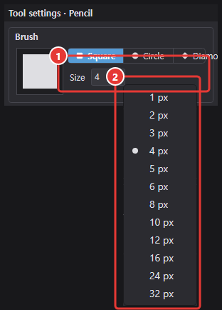 Common values list opened by right-clicking the Size field in tool options (dot at the current 4 px)