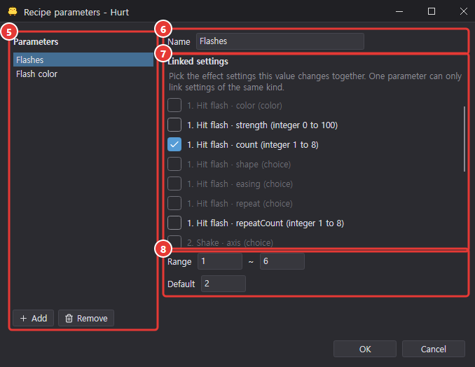 Recipe parameters window: parameter list with Add and Remove on the left; name, linked settings and default on the right