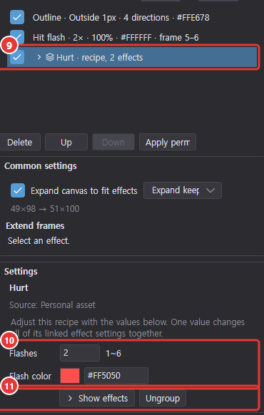 Effects dialog: a parameter recipe as a single row in the effect list, with only the recipe name, source and parameters in the settings