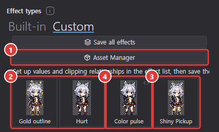 Custom tab of the effects dialog: Asset Manager button, personal recipe tiles, a recipe tile from an installed package, and a script effect tile with the code icon