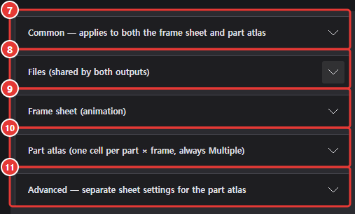 Export dialog with all setting sections collapsed