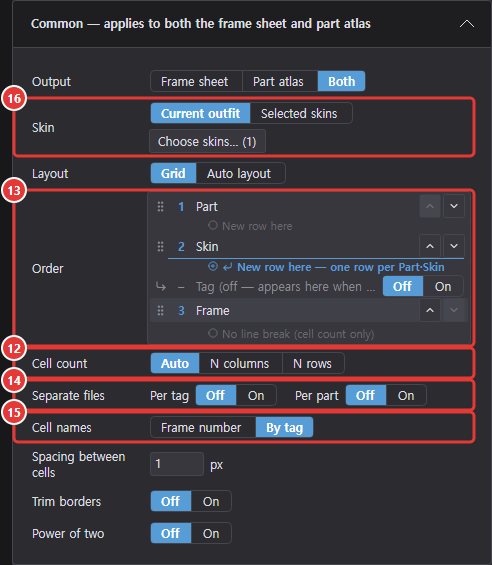 Common section of the Export dialog