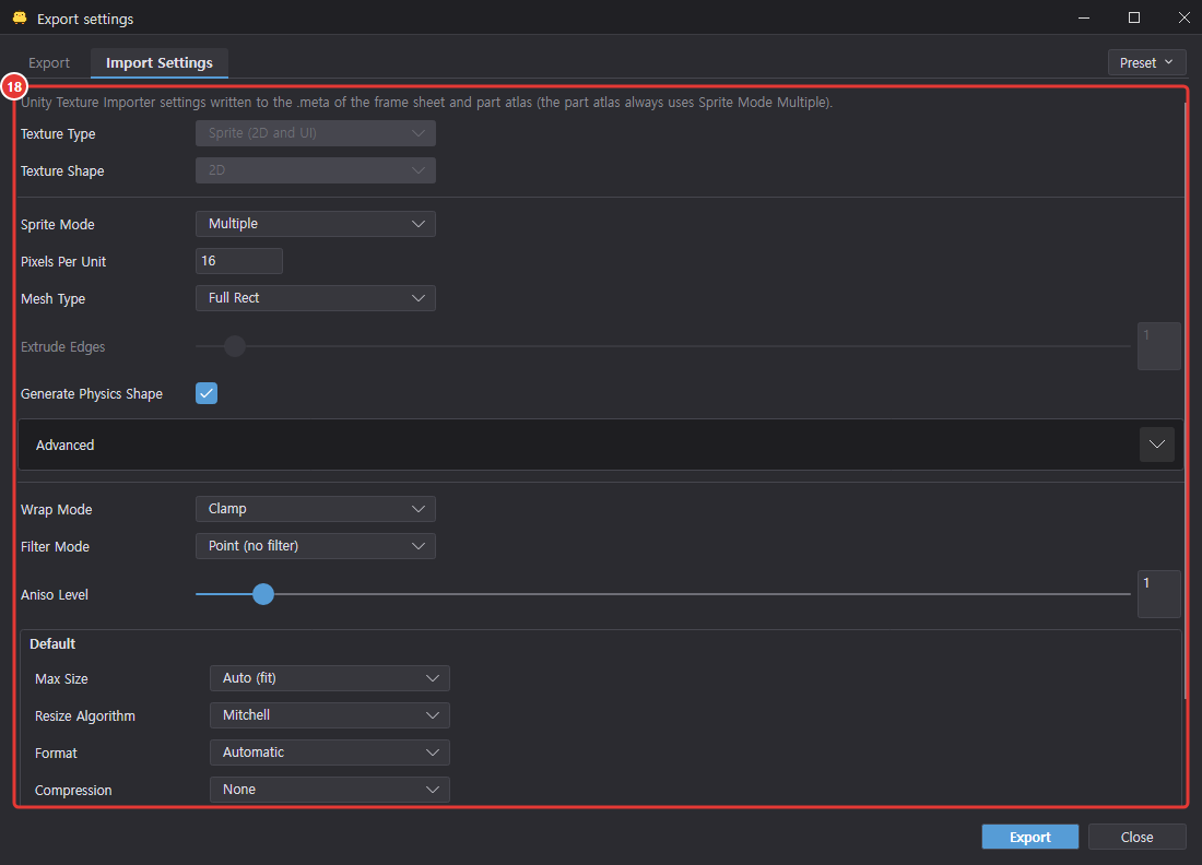 Import Settings tab of the Export dialog