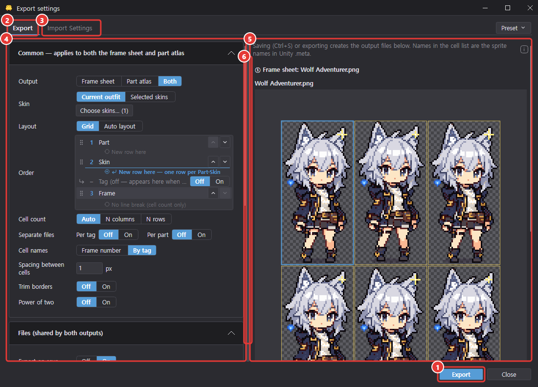 Export dialog: settings on the left, output preview on the right, two tabs and the Export button