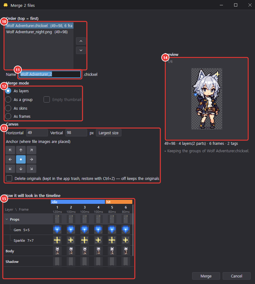 Merge dialog: order, name, mode, canvas, preview and timeline layout
