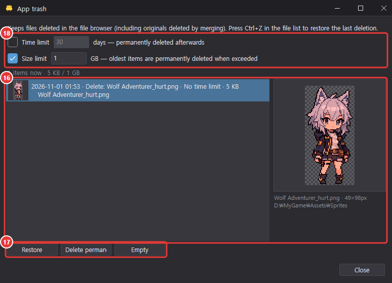 App trash window: retention policy, deleted files with preview, restore/delete/empty