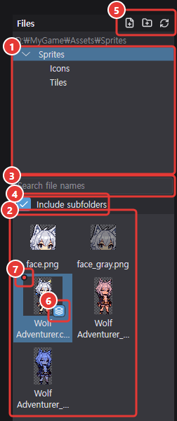 File browser: folder tree, search, include subfolders, thumbnail list with the .chickxel badge and red dot