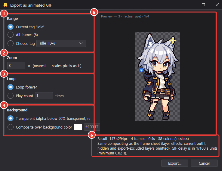 Export as animated GIF dialog: range, zoom, loop, background, preview, result info