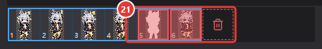 Effects dialog frame strip: the delete cell after the last cell dragged left, with the trailing frames covered in red