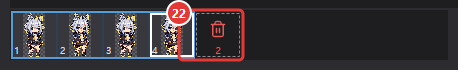 Frame strip after releasing the delete cell: fewer cells, and the trash cell shows the number of deleted frames in red