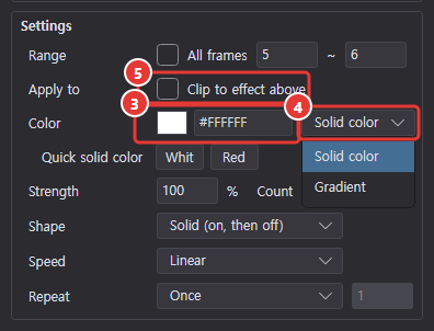 Hit flash settings: color swatch, the Solid color/Gradient list opened, Clip to effect above