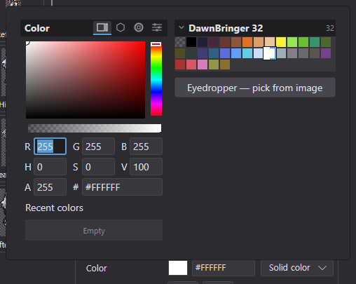 Color popup opened from a color swatch: square picker, mode tabs, palette and eyedropper