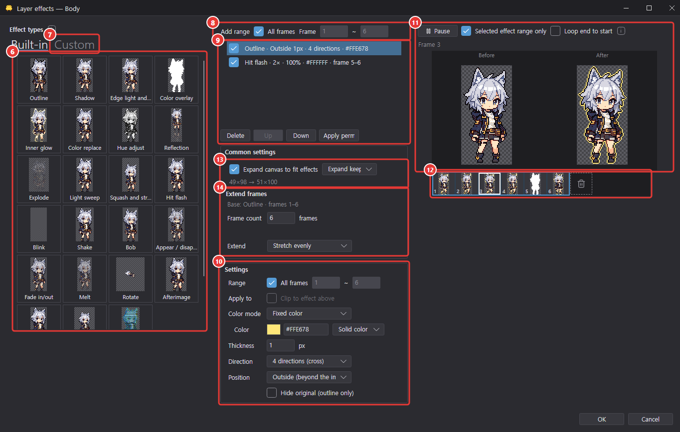Effects dialog for the Body layer: effect types, Outline and Hit flash in the list, common settings, outline settings, before/after preview and frame strip