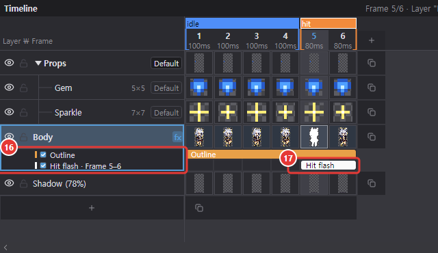 Two effect rows under the Body layer: Outline (all frames) and a Hit flash box (frames 5–6)