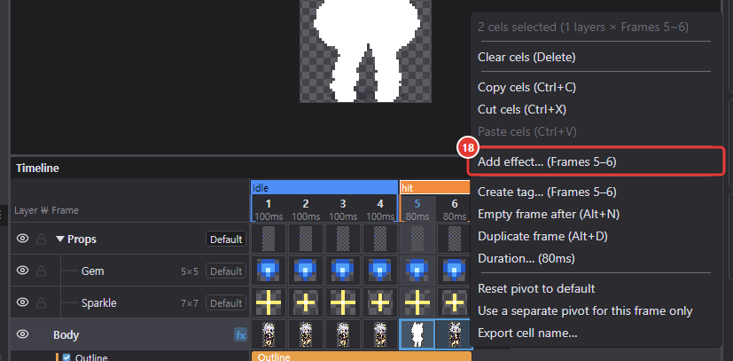 Body cels 5–6 selected, Add effect… in the right-click menu