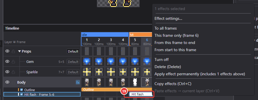 Right-click menu of the Hit flash effect box
