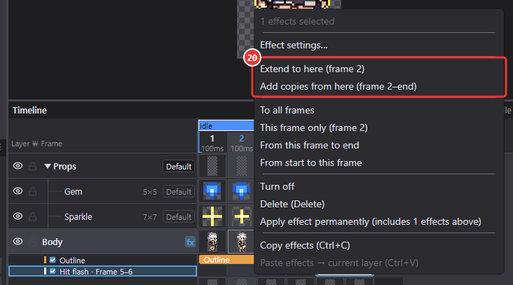 Right-click menu of an empty cell outside the box in an effect row (frame 2)