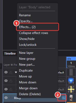 Right-click menu of the Body layer name with Effects… (2), and the fx mark in the name cell