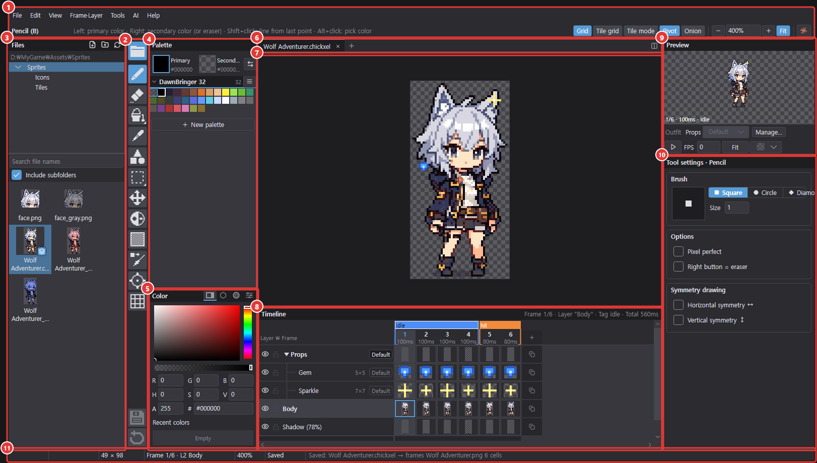 The whole Chickxel window: top bar, toolbar, file browser, palette, colors, document tabs, canvas, timeline, preview, tool options and status bar