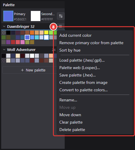 Menu opened from the palette header menu button